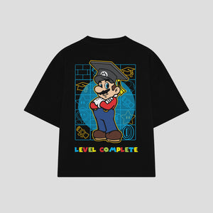 Playera streetwear premium de anime y gaming ExtraLife MX, corte boxy oversized drop shoulder heavyweight en color Deep Black y Off-White, moda urbana mexicana de culto.