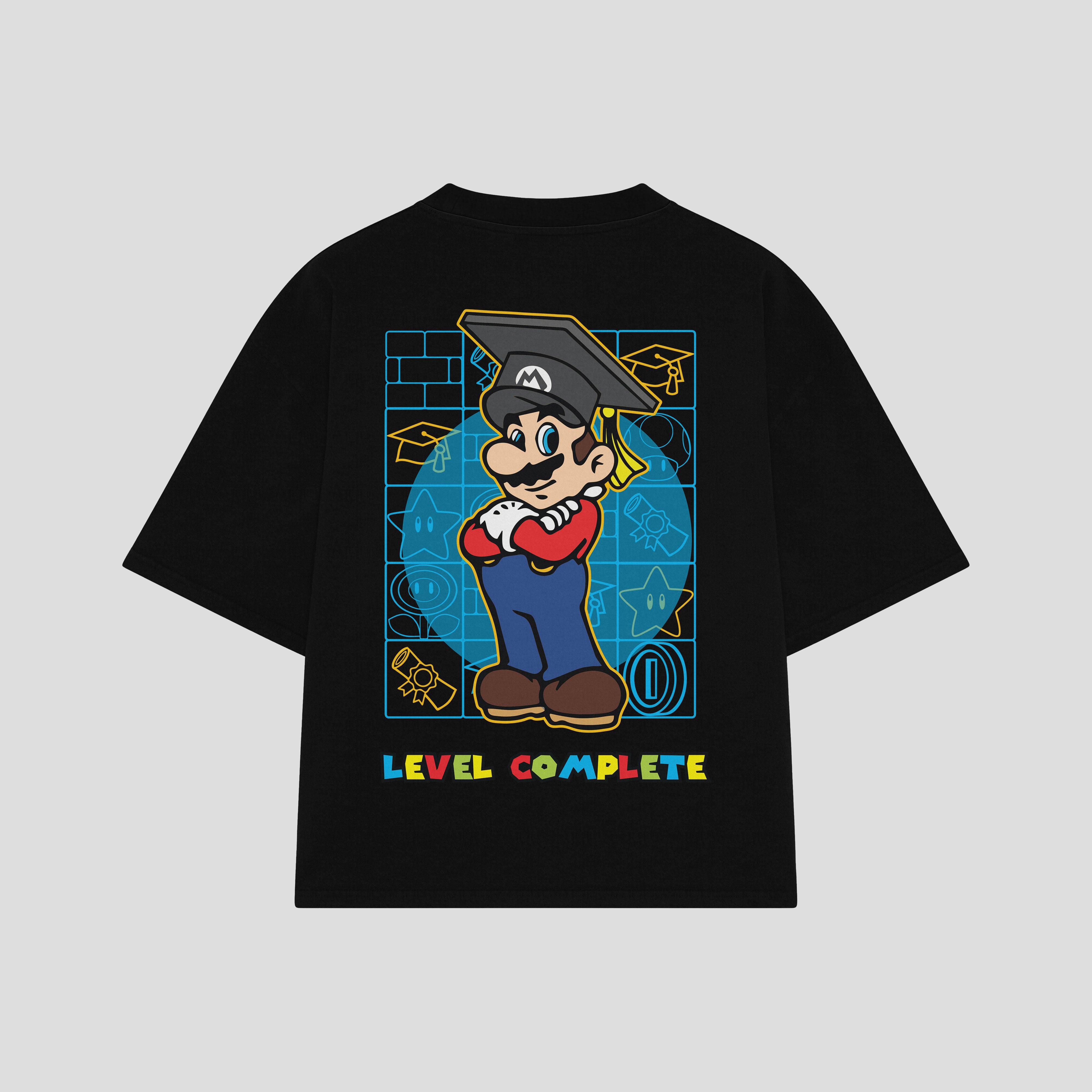 Playera streetwear premium de anime y gaming ExtraLife MX, corte boxy oversized drop shoulder heavyweight en color Deep Black y Off-White, moda urbana mexicana de culto.