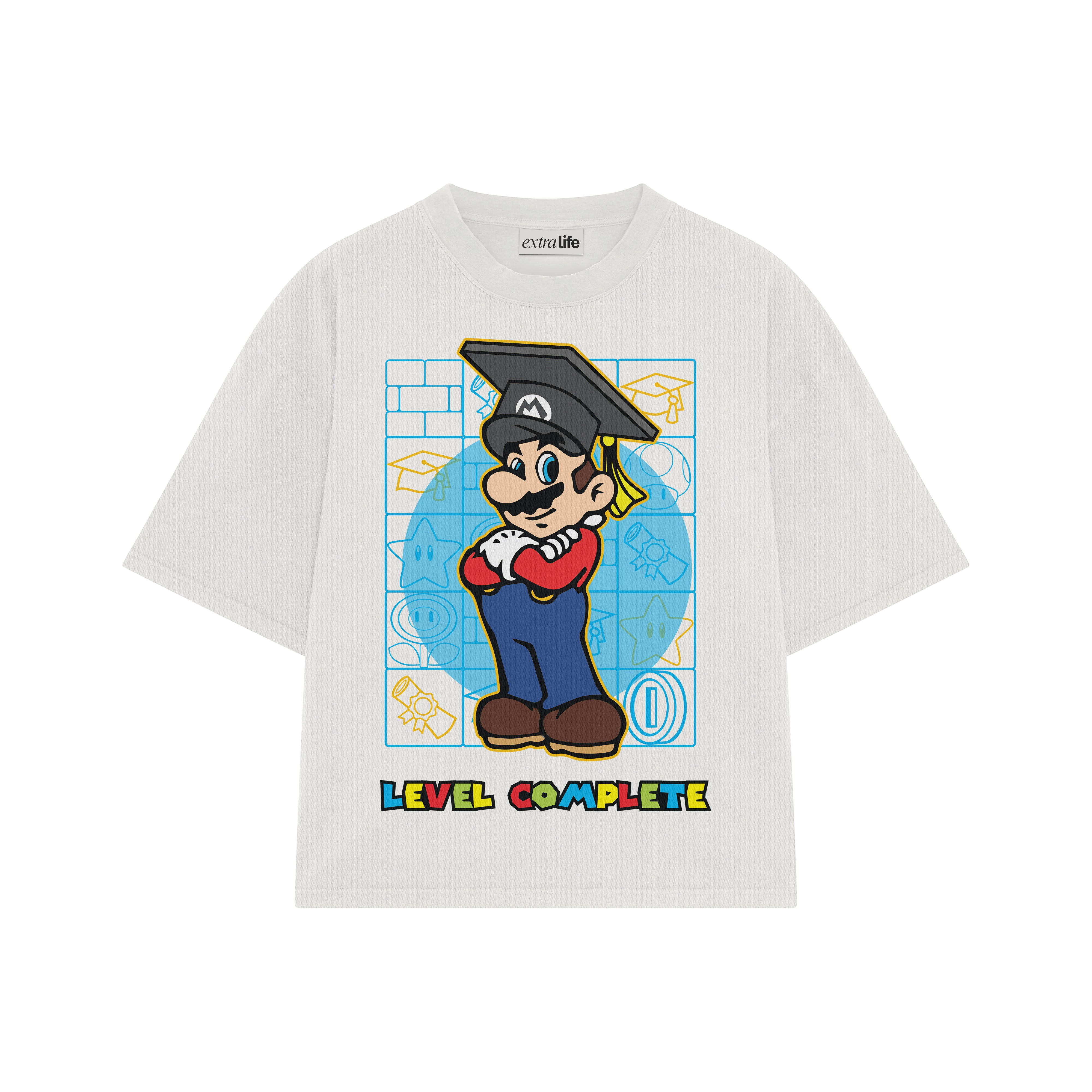 Playera streetwear premium de anime y gaming ExtraLife MX, corte boxy oversized drop shoulder heavyweight en color Deep Black y Off-White, moda urbana mexicana de culto.