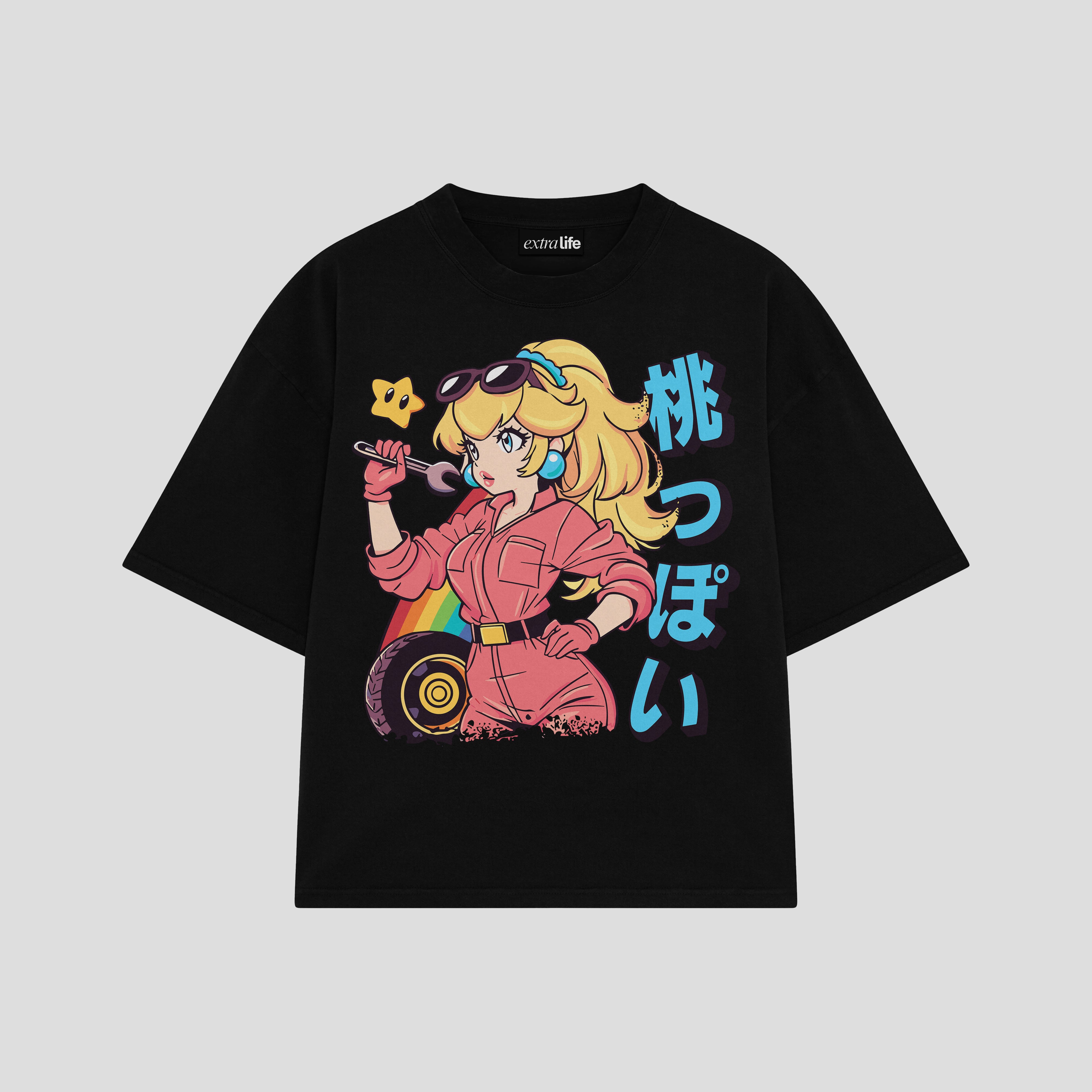 Playera streetwear premium de anime y gaming ExtraLife MX, corte boxy oversized drop shoulder heavyweight en color Deep Black y Off-White, moda urbana mexicana de culto.