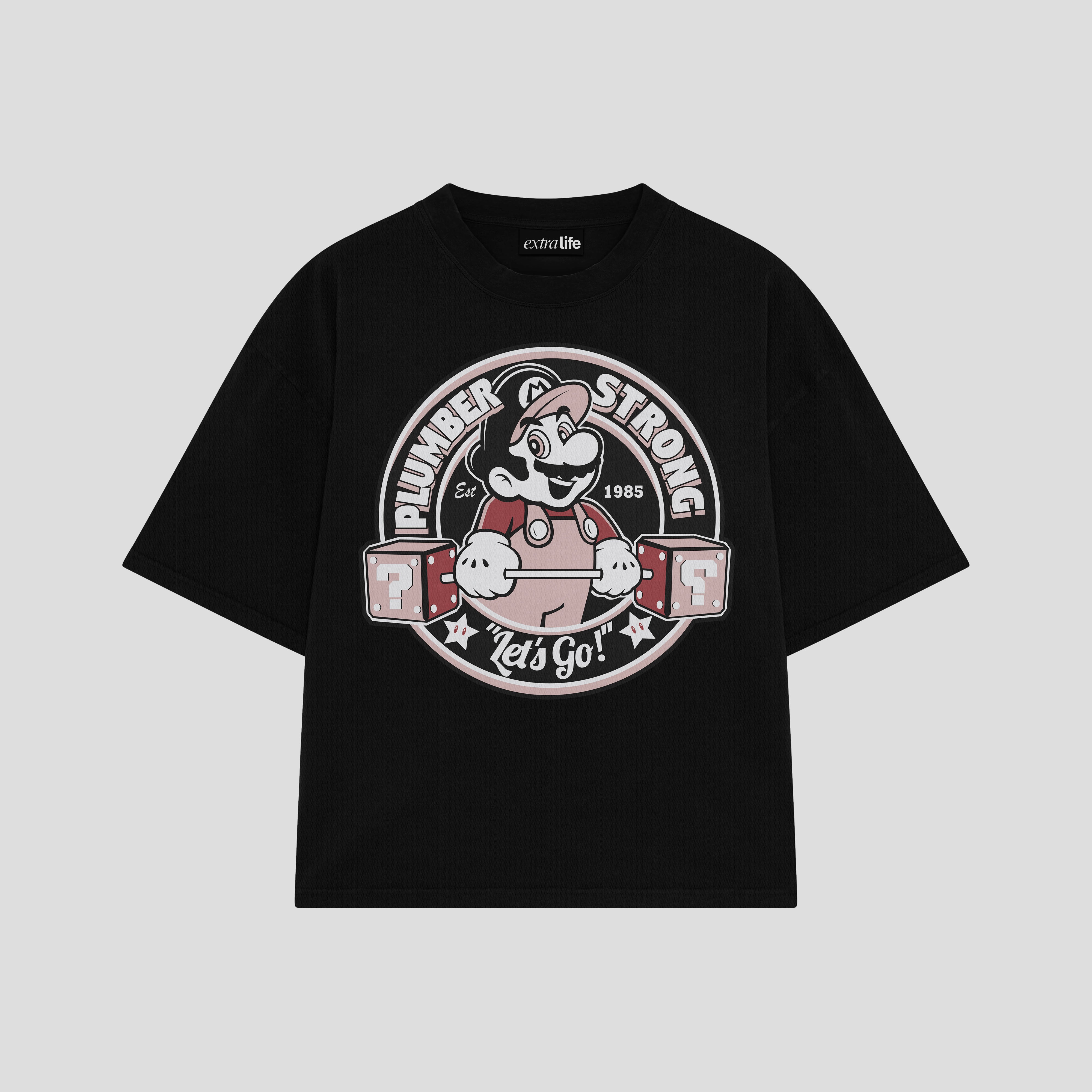 Playera streetwear premium de anime y gaming ExtraLife MX, corte boxy oversized drop shoulder heavyweight en color Deep Black y Off-White, moda urbana mexicana de culto.
