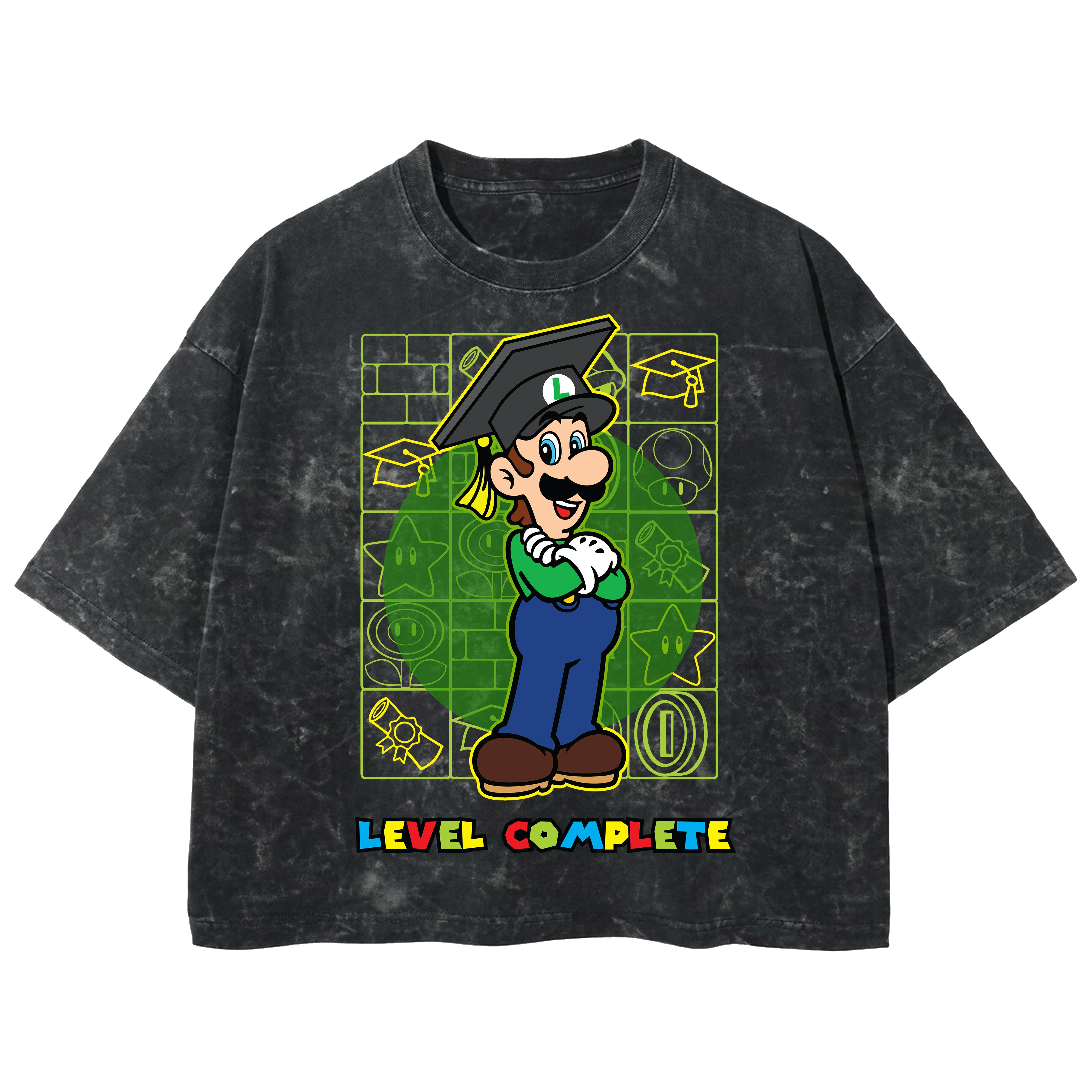 Playera streetwear premium de anime y gaming ExtraLife MX, corte boxy deluxe mineral wash heavyweight en color Acid Wash, moda urbana mexicana de culto.