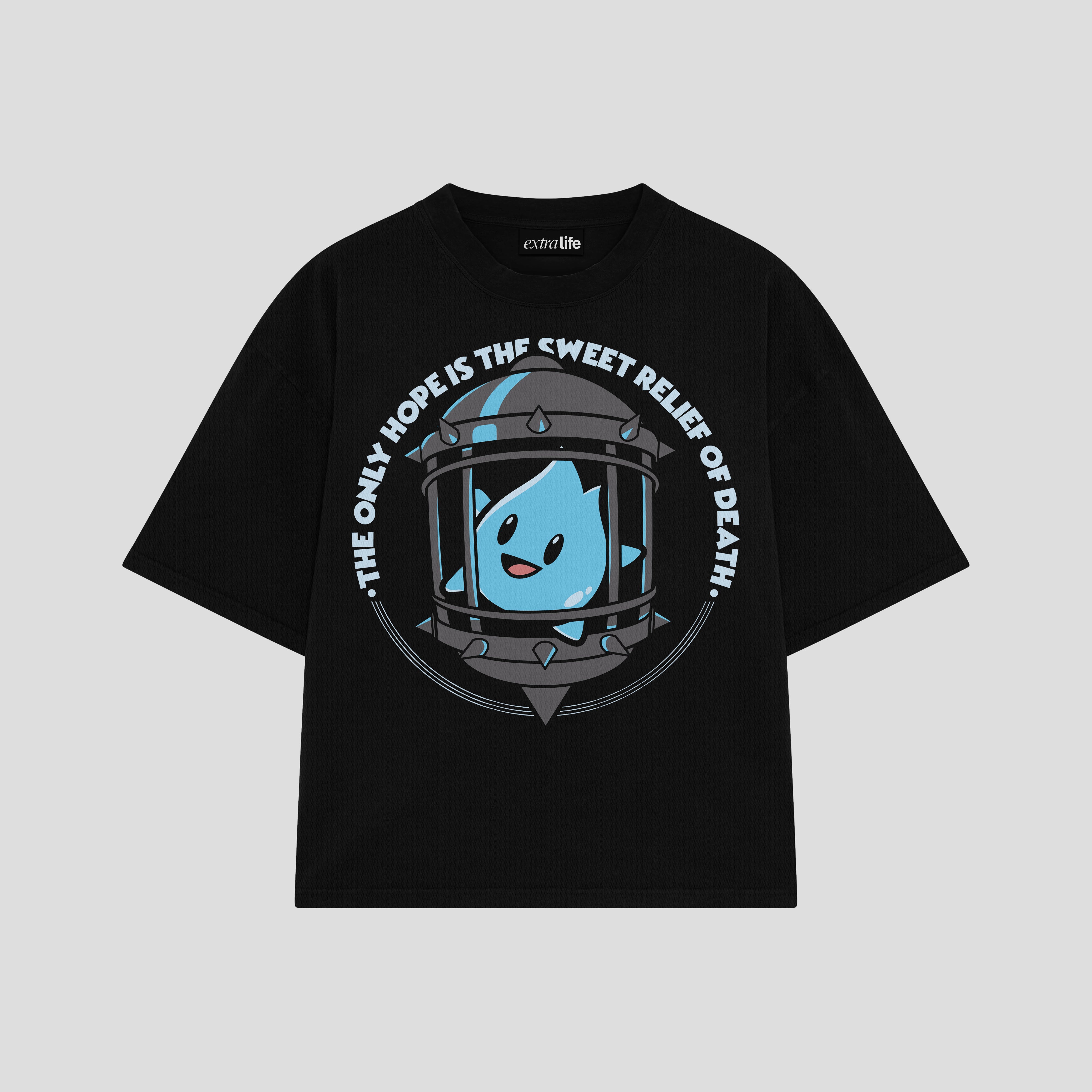Playera streetwear premium de anime y gaming ExtraLife MX, corte boxy oversized drop shoulder heavyweight en color Deep Black y Off-White, moda urbana mexicana de culto.