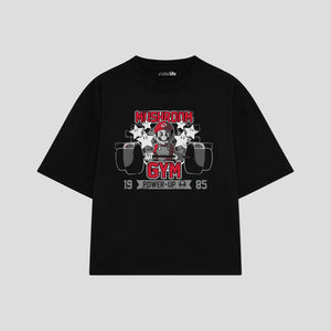 Playera streetwear premium de anime y gaming ExtraLife MX, corte boxy oversized drop shoulder heavyweight en color Deep Black y Off-White, moda urbana mexicana de culto.