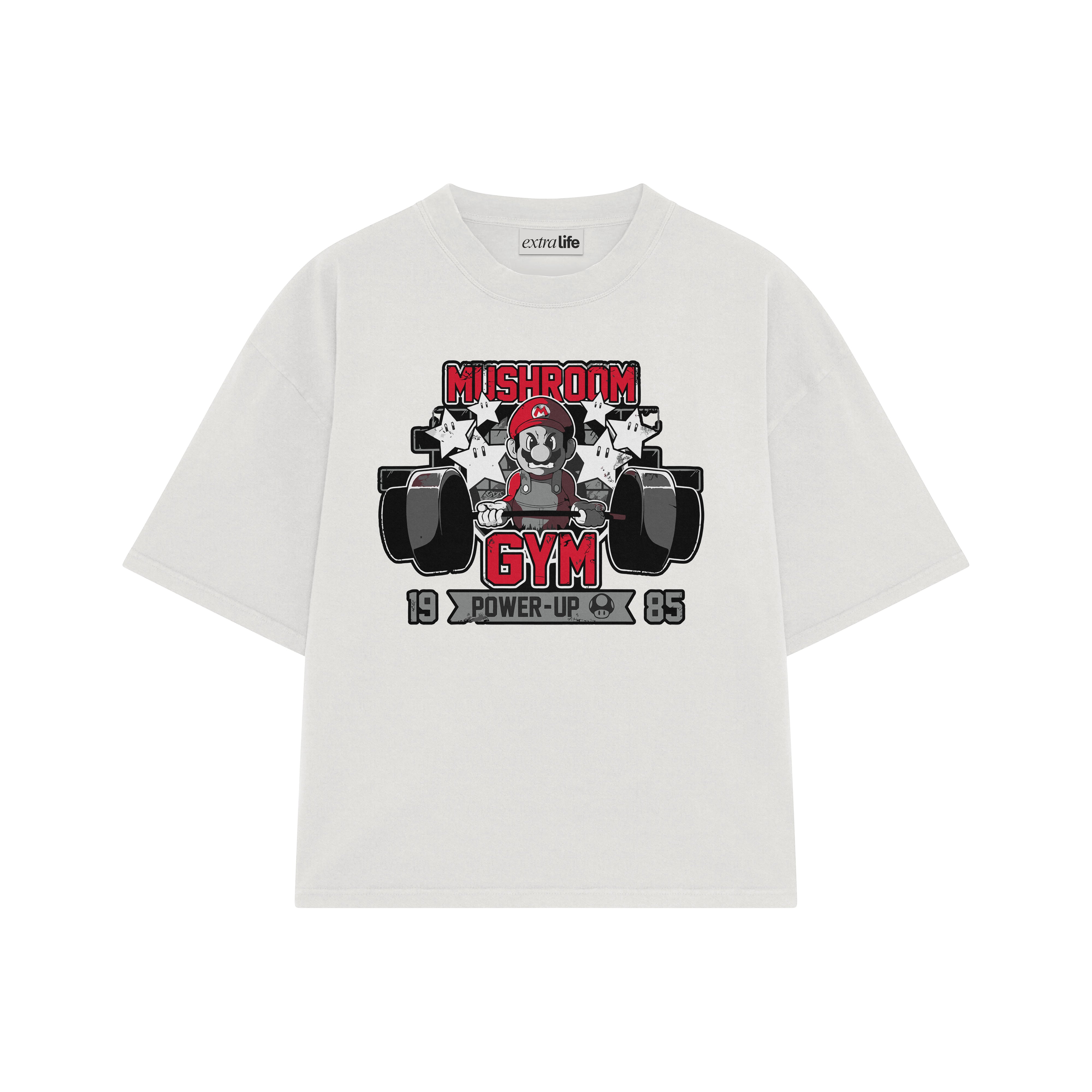 Playera streetwear premium de anime y gaming ExtraLife MX, corte boxy oversized drop shoulder heavyweight en color Deep Black y Off-White, moda urbana mexicana de culto.