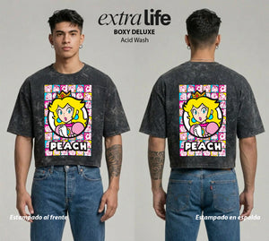 Playera streetwear premium de anime y gaming ExtraLife MX, corte boxy deluxe mineral wash heavyweight en color Acid Wash, moda urbana mexicana de culto.