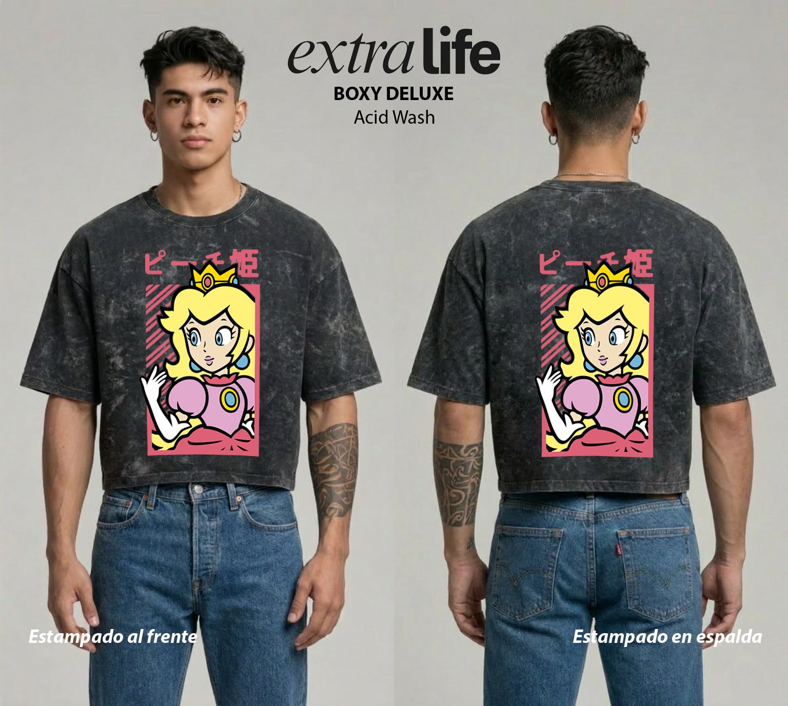 Playera streetwear premium de anime y gaming ExtraLife MX, corte boxy deluxe mineral wash heavyweight en color Acid Wash, moda urbana mexicana de culto.