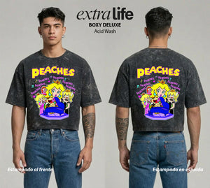 Playera streetwear premium de anime y gaming ExtraLife MX, corte boxy deluxe mineral wash heavyweight en color Acid Wash, moda urbana mexicana de culto.