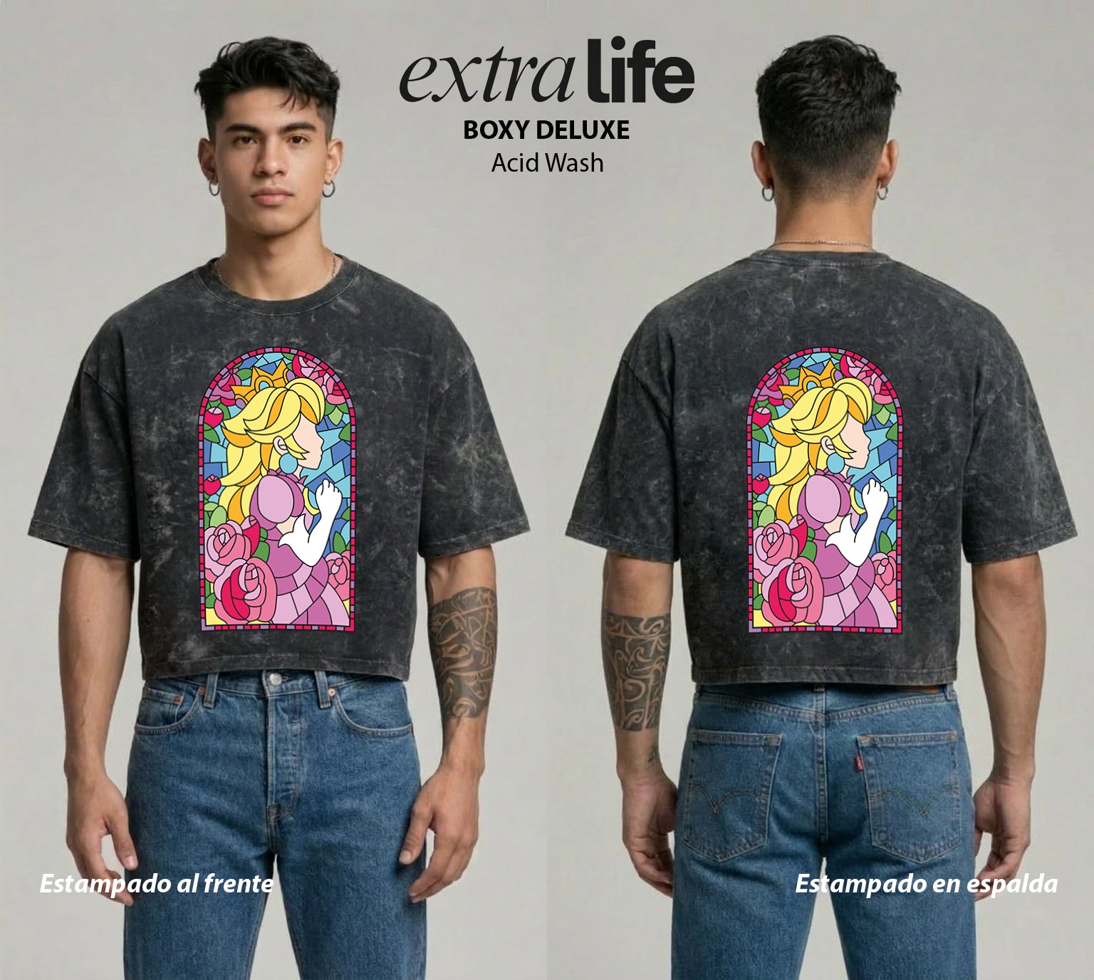 Playera streetwear premium de anime y gaming ExtraLife MX, corte boxy deluxe mineral wash heavyweight en color Acid Wash, moda urbana mexicana de culto.