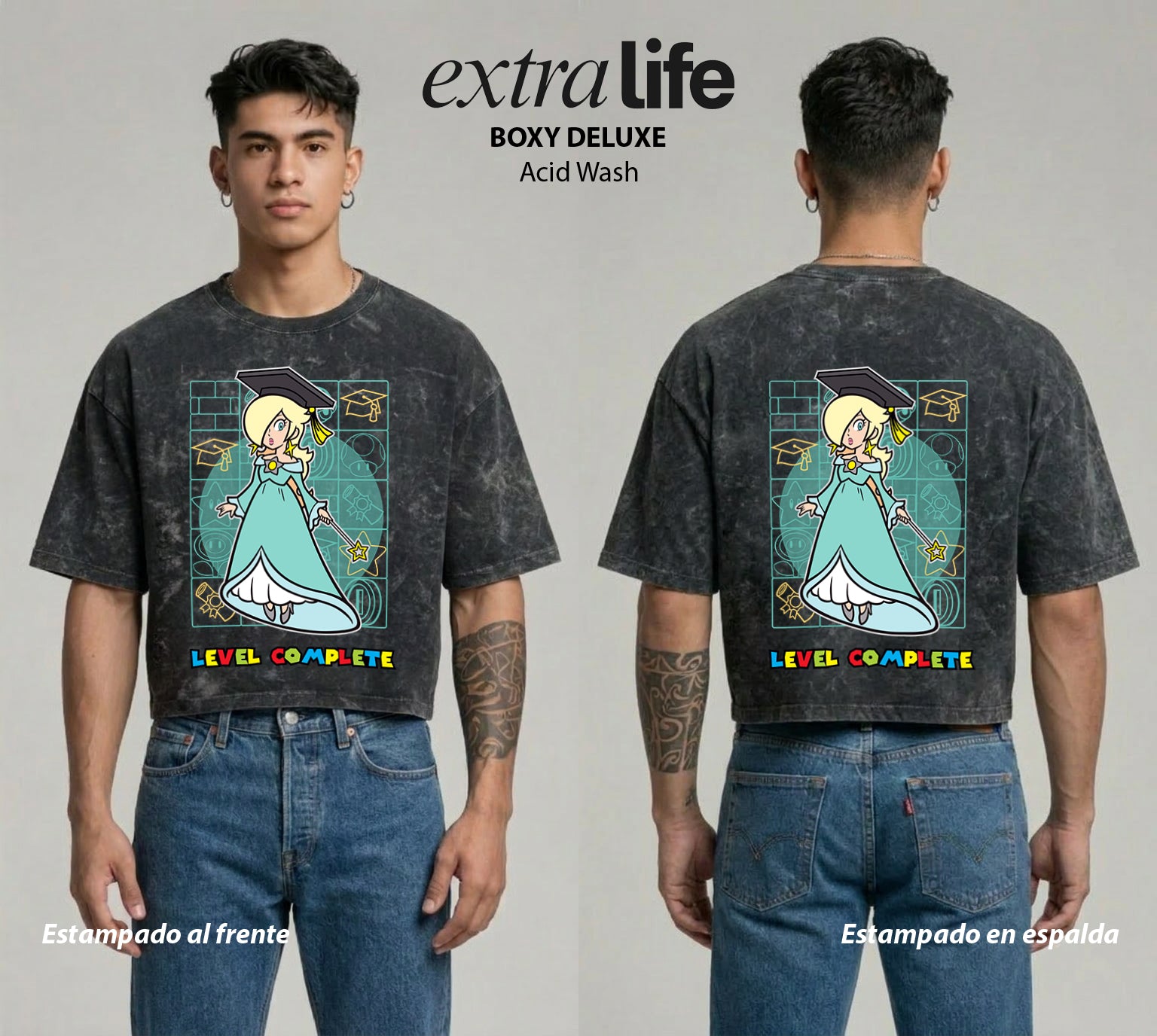 Playera streetwear premium de anime y gaming ExtraLife MX, corte boxy deluxe mineral wash heavyweight en color Acid Wash, moda urbana mexicana de culto.