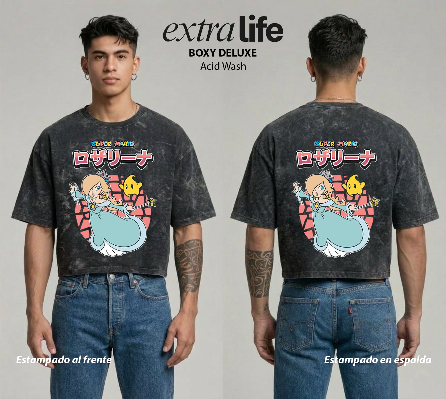 Playera streetwear premium de anime y gaming ExtraLife MX, corte boxy deluxe mineral wash heavyweight en color Acid Wash, moda urbana mexicana de culto.