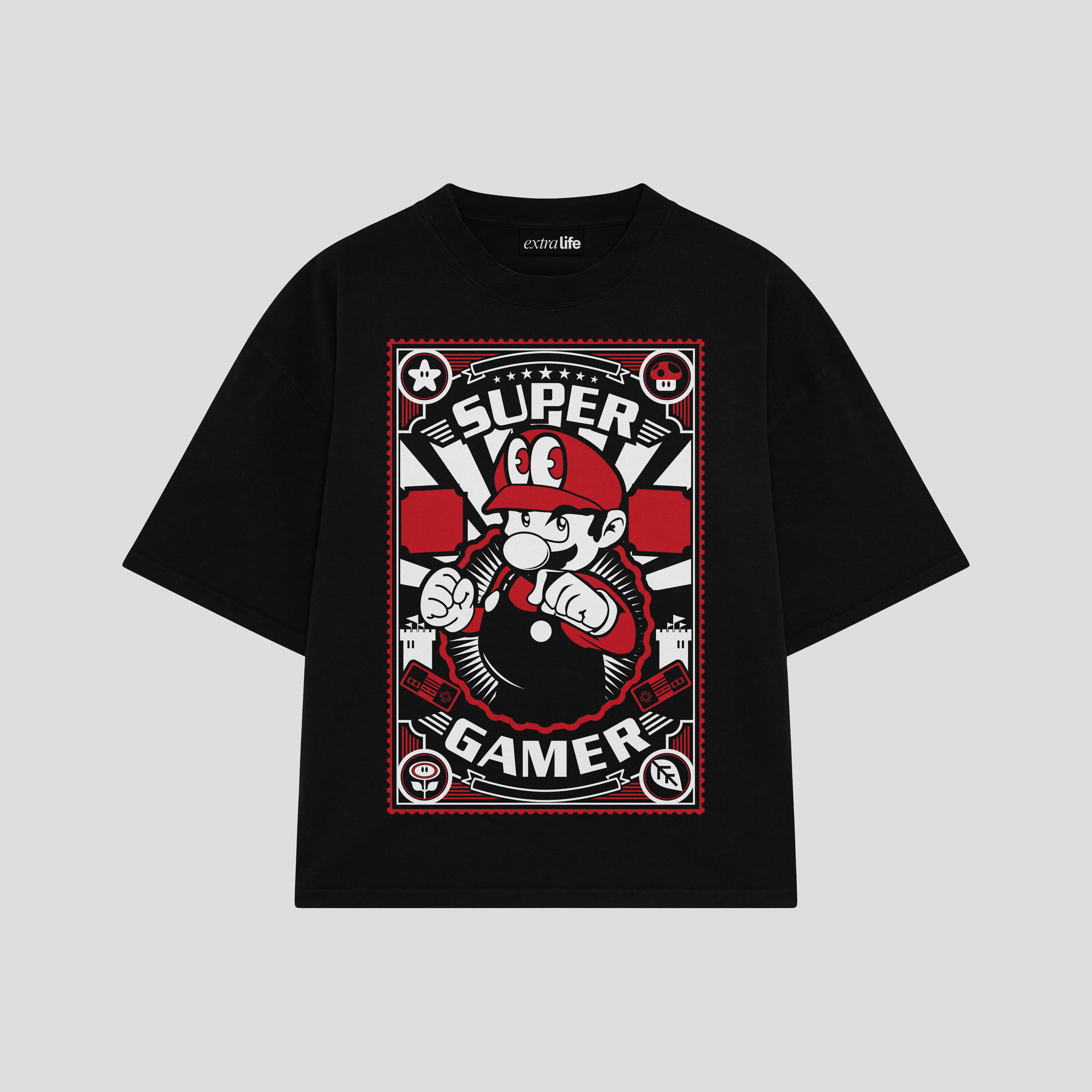 Playera streetwear premium de anime y gaming ExtraLife MX, corte boxy oversized drop shoulder heavyweight en color Deep Black y Off-White, moda urbana mexicana de culto.