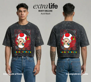 Playera streetwear premium de anime y gaming ExtraLife MX, corte boxy deluxe mineral wash heavyweight en color Acid Wash, moda urbana mexicana de culto.