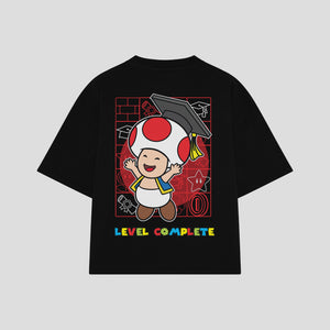 Playera streetwear premium de anime y gaming ExtraLife MX, corte boxy oversized drop shoulder heavyweight en color Deep Black y Off-White, moda urbana mexicana de culto.