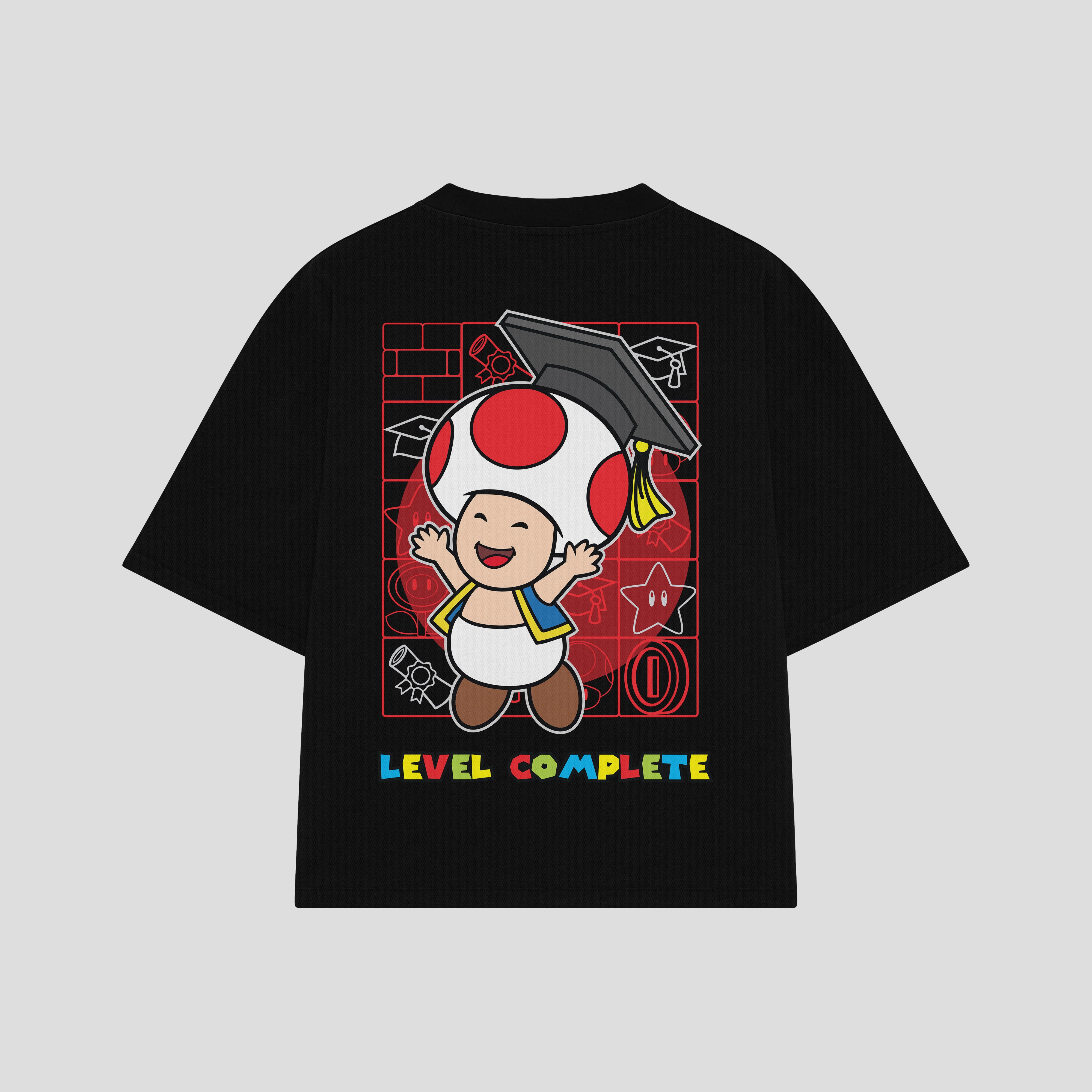 Playera streetwear premium de anime y gaming ExtraLife MX, corte boxy oversized drop shoulder heavyweight en color Deep Black y Off-White, moda urbana mexicana de culto.