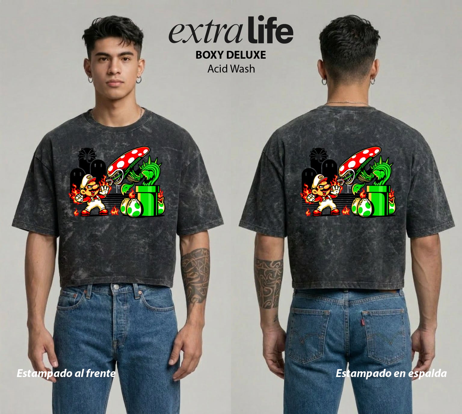 Playera streetwear premium de anime y gaming ExtraLife MX, corte boxy deluxe mineral wash heavyweight en color Acid Wash, moda urbana mexicana de culto.