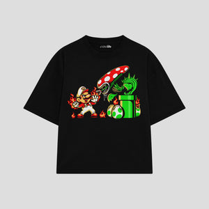 Playera streetwear premium de anime y gaming ExtraLife MX, corte boxy oversized drop shoulder heavyweight en color Deep Black y Off-White, moda urbana mexicana de culto.