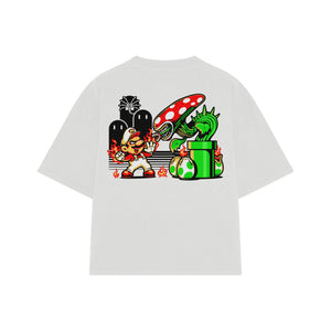 Playera streetwear premium de anime y gaming ExtraLife MX, corte boxy oversized drop shoulder heavyweight en color Deep Black y Off-White, moda urbana mexicana de culto.