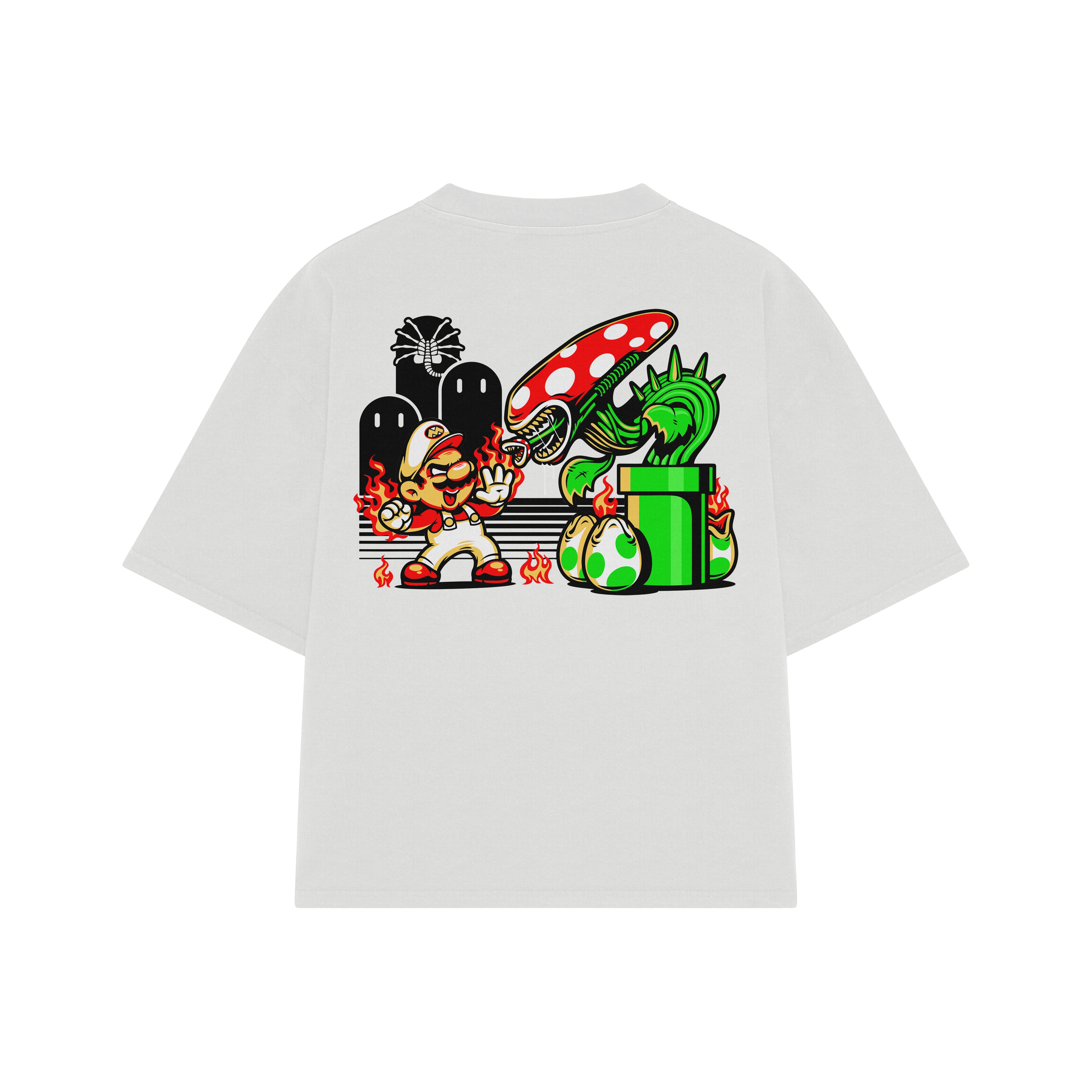 Playera streetwear premium de anime y gaming ExtraLife MX, corte boxy oversized drop shoulder heavyweight en color Deep Black y Off-White, moda urbana mexicana de culto.