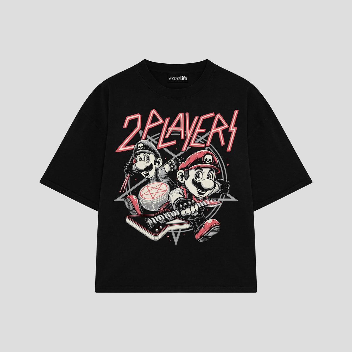 Playera streetwear premium de anime y gaming ExtraLife MX, corte oversized drop shoulder ligero y fresco en color Deep Black y Off-White, moda urbana mexicana de culto.