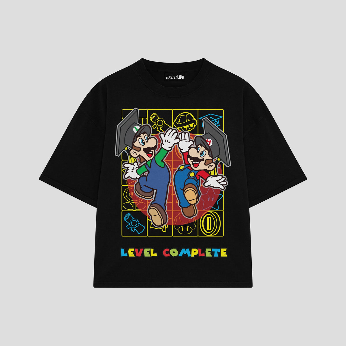 Playera streetwear premium de anime y gaming ExtraLife MX, corte oversized drop shoulder ligero y fresco en color Deep Black y Off-White, moda urbana mexicana de culto.