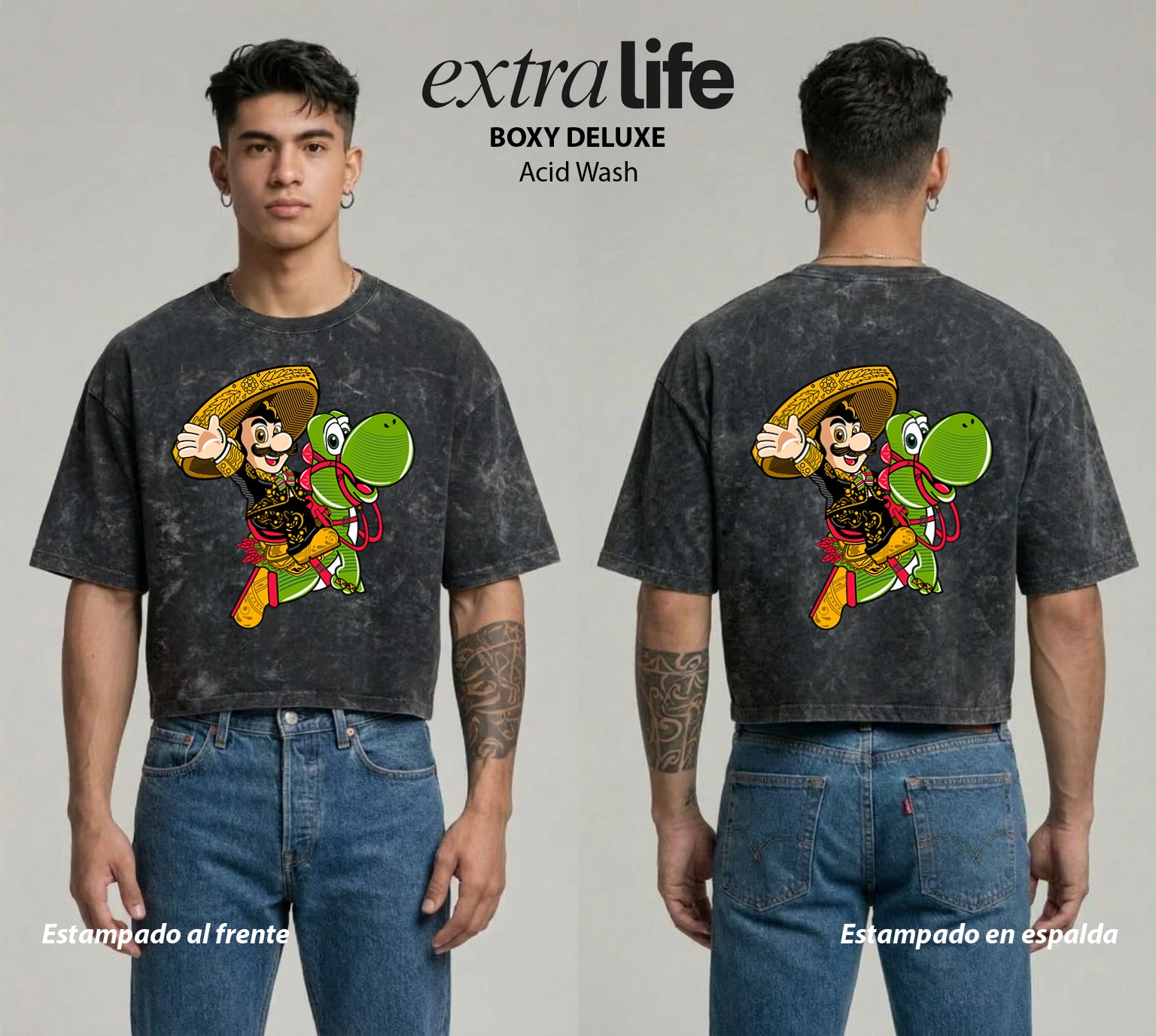 Playera streetwear premium de anime y gaming ExtraLife MX, corte boxy deluxe mineral wash heavyweight en color Acid Wash, moda urbana mexicana de culto.