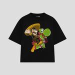 Playera streetwear premium de anime y gaming ExtraLife MX, corte boxy oversized drop shoulder heavyweight en color Deep Black y Off-White, moda urbana mexicana de culto.