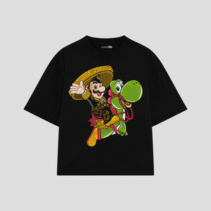 Playera streetwear premium de anime y gaming ExtraLife MX, corte boxy oversized drop shoulder heavyweight en color Deep Black y Off-White, moda urbana mexicana de culto.