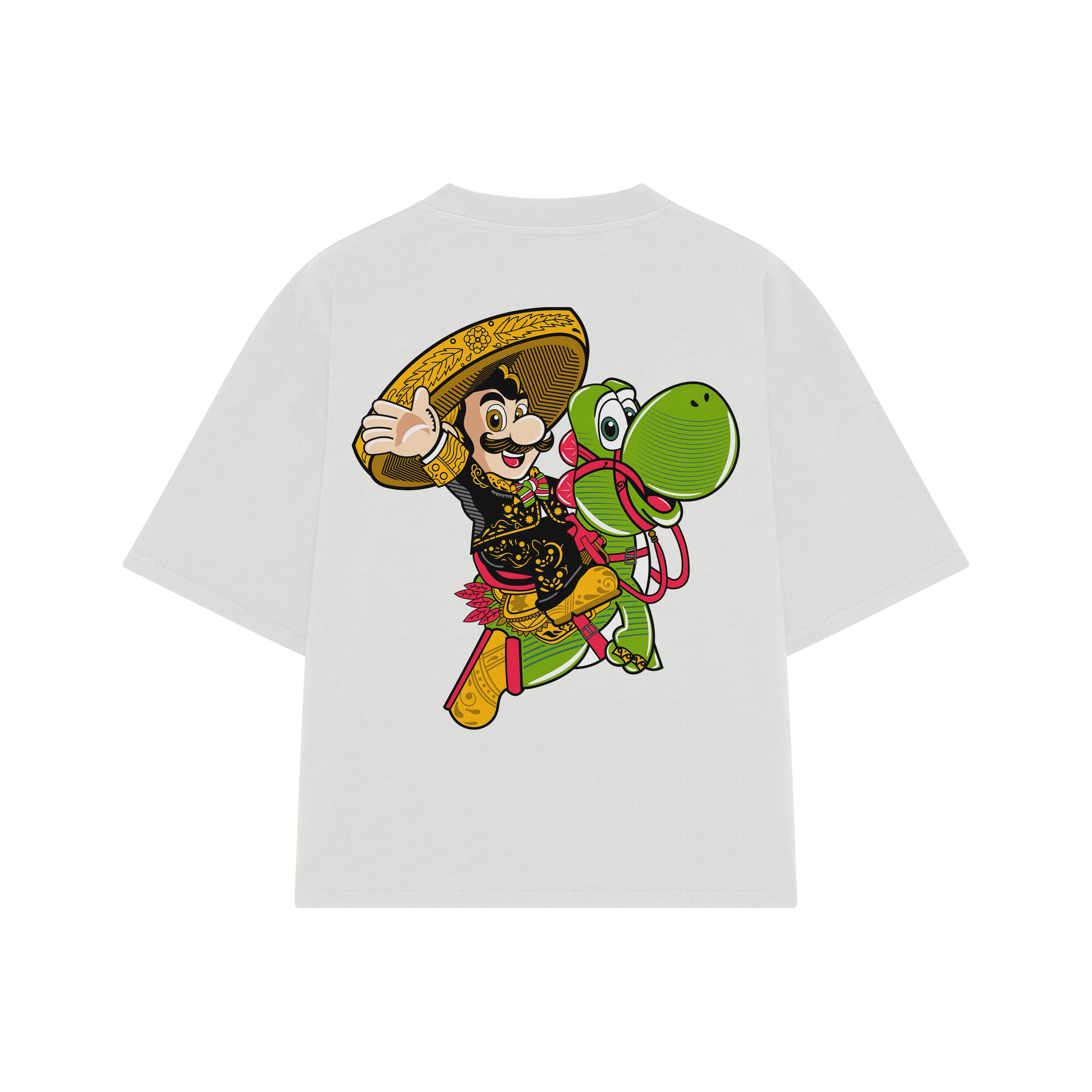 Playera streetwear premium de anime y gaming ExtraLife MX, corte boxy oversized drop shoulder heavyweight en color Deep Black y Off-White, moda urbana mexicana de culto.