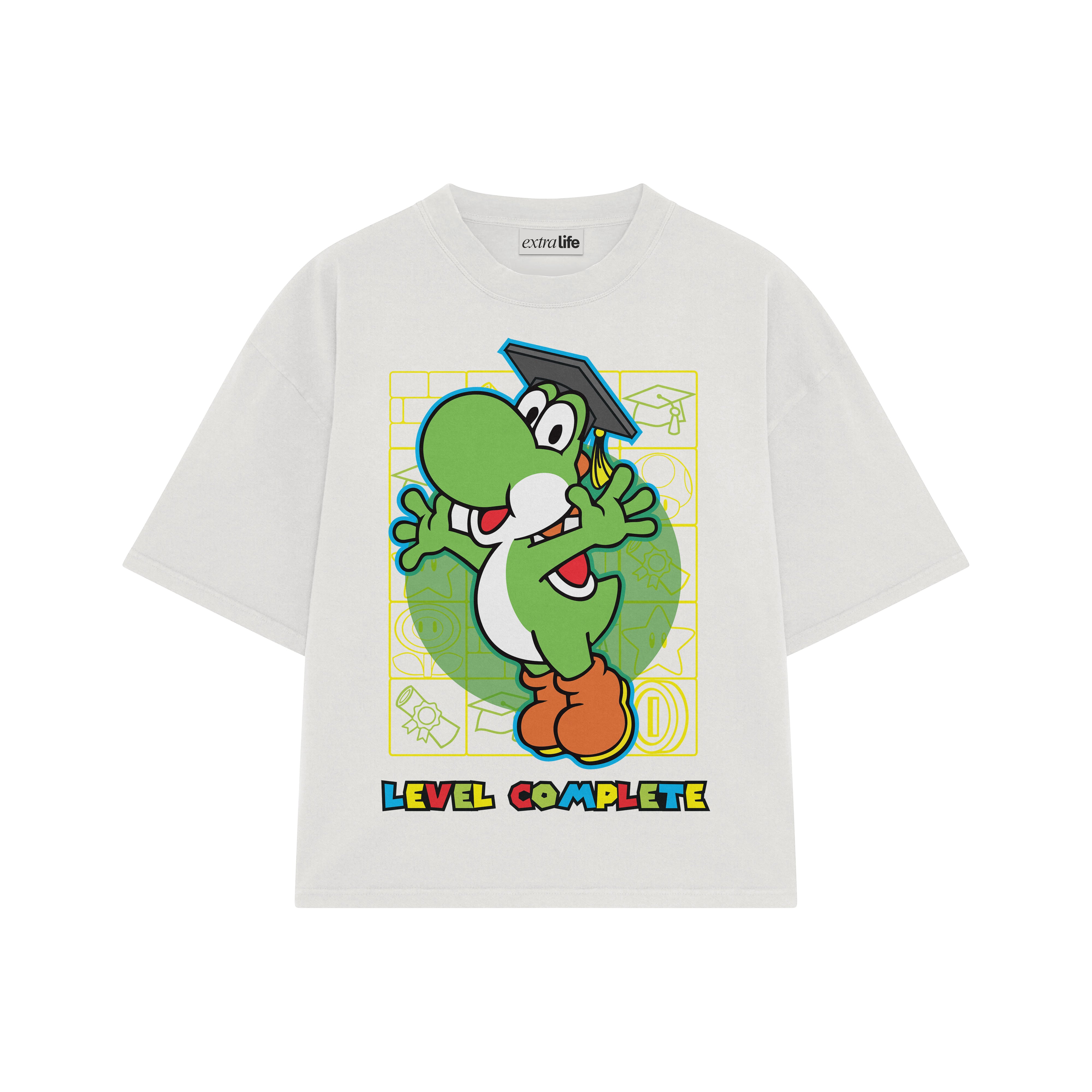 Playera streetwear premium de anime y gaming ExtraLife MX, corte boxy oversized drop shoulder heavyweight en color Deep Black y Off-White, moda urbana mexicana de culto.