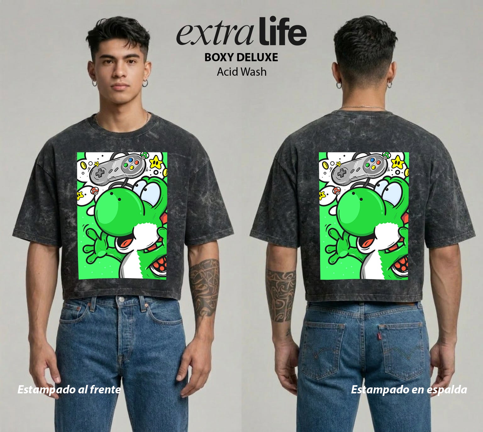 Playera streetwear premium de anime y gaming ExtraLife MX, corte boxy deluxe mineral wash heavyweight en color Acid Wash, moda urbana mexicana de culto.