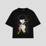 Playera streetwear premium de anime y gaming ExtraLife MX, corte boxy oversized drop shoulder heavyweight en color Deep Black y Off-White, moda urbana mexicana de culto.