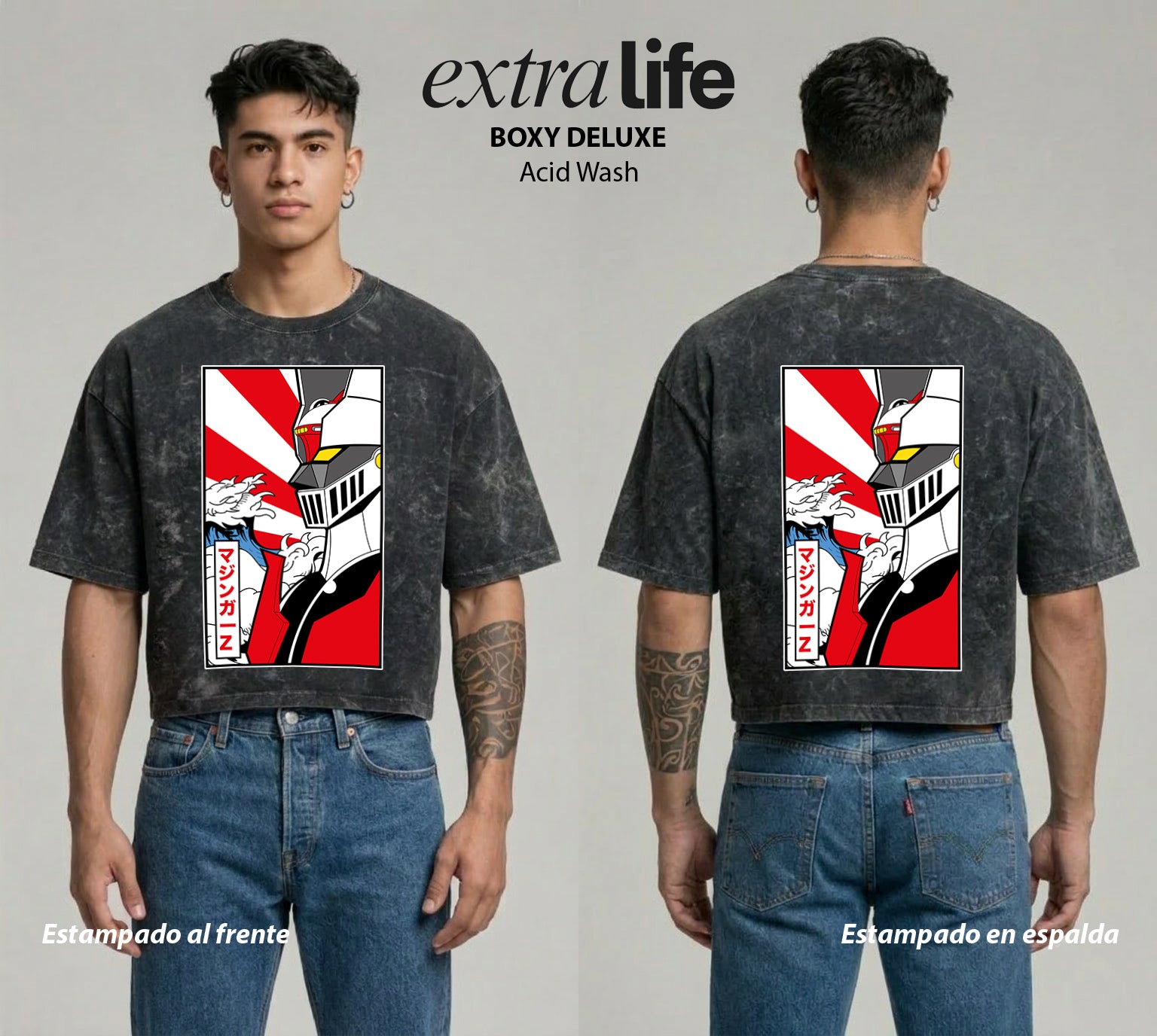 Playera streetwear premium de anime y gaming ExtraLife MX, corte boxy deluxe mineral wash heavyweight en color Acid Wash, moda urbana mexicana de culto.