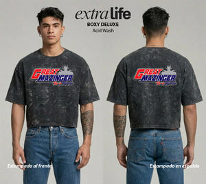 Playera streetwear premium de anime y gaming ExtraLife MX, corte boxy deluxe mineral wash heavyweight en color Acid Wash, moda urbana mexicana de culto.