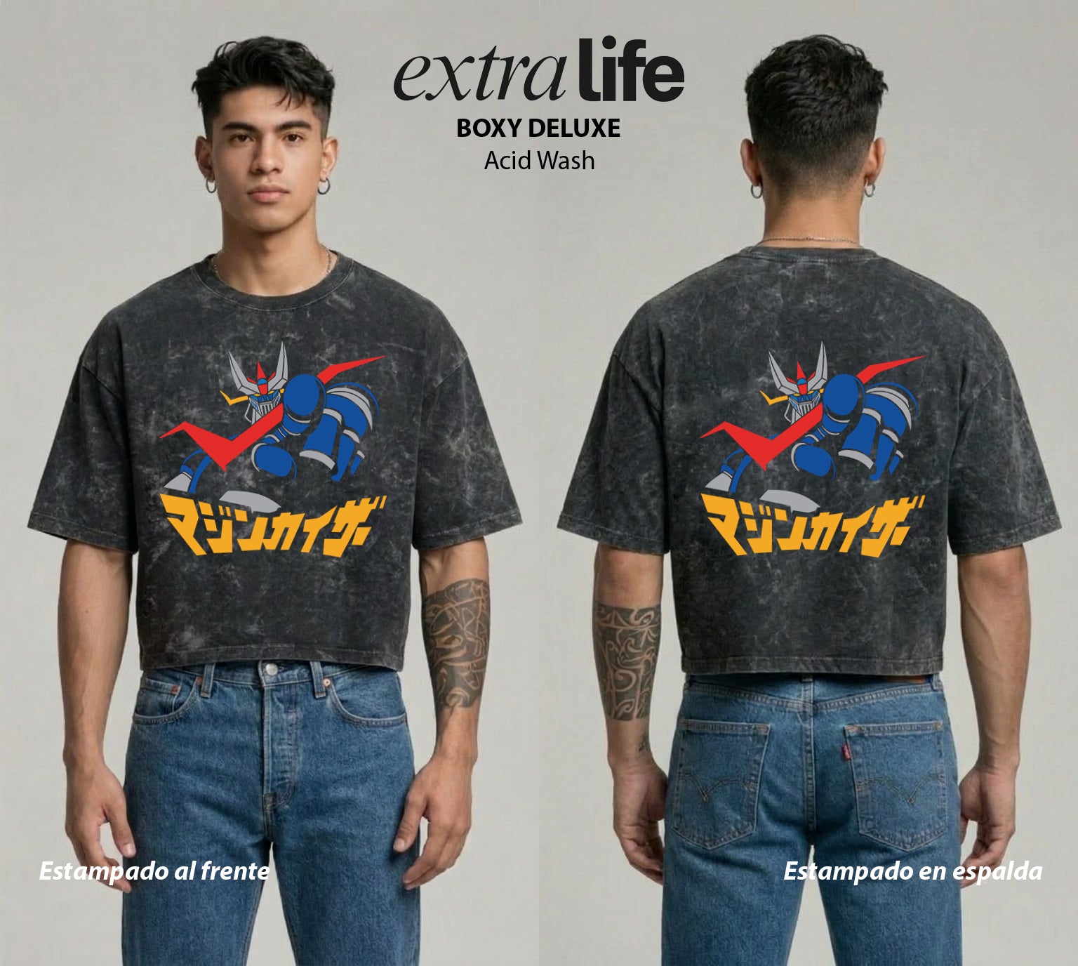 Playera streetwear premium de anime y gaming ExtraLife MX, corte boxy deluxe mineral wash heavyweight en color Acid Wash, moda urbana mexicana de culto.