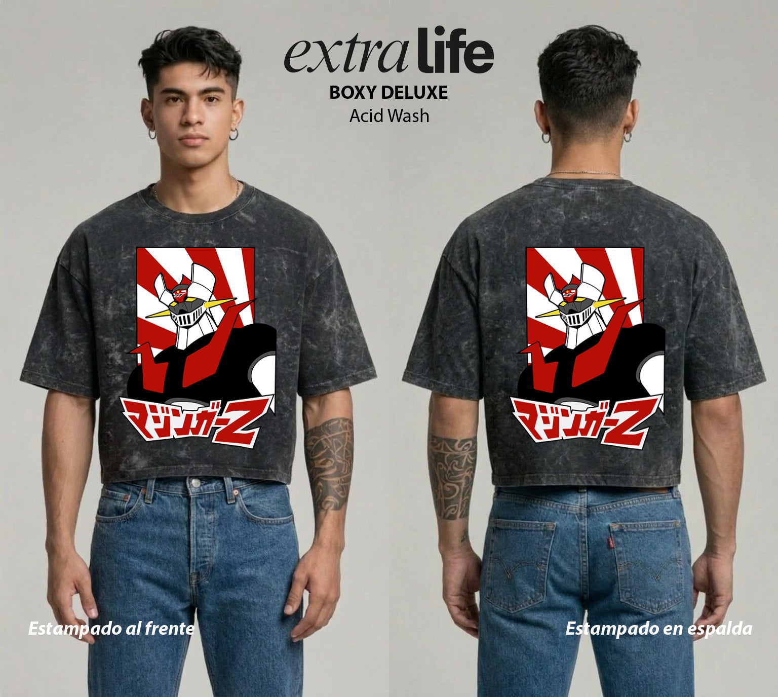 Playera streetwear premium de anime y gaming ExtraLife MX, corte boxy deluxe mineral wash heavyweight en color Acid Wash, moda urbana mexicana de culto.