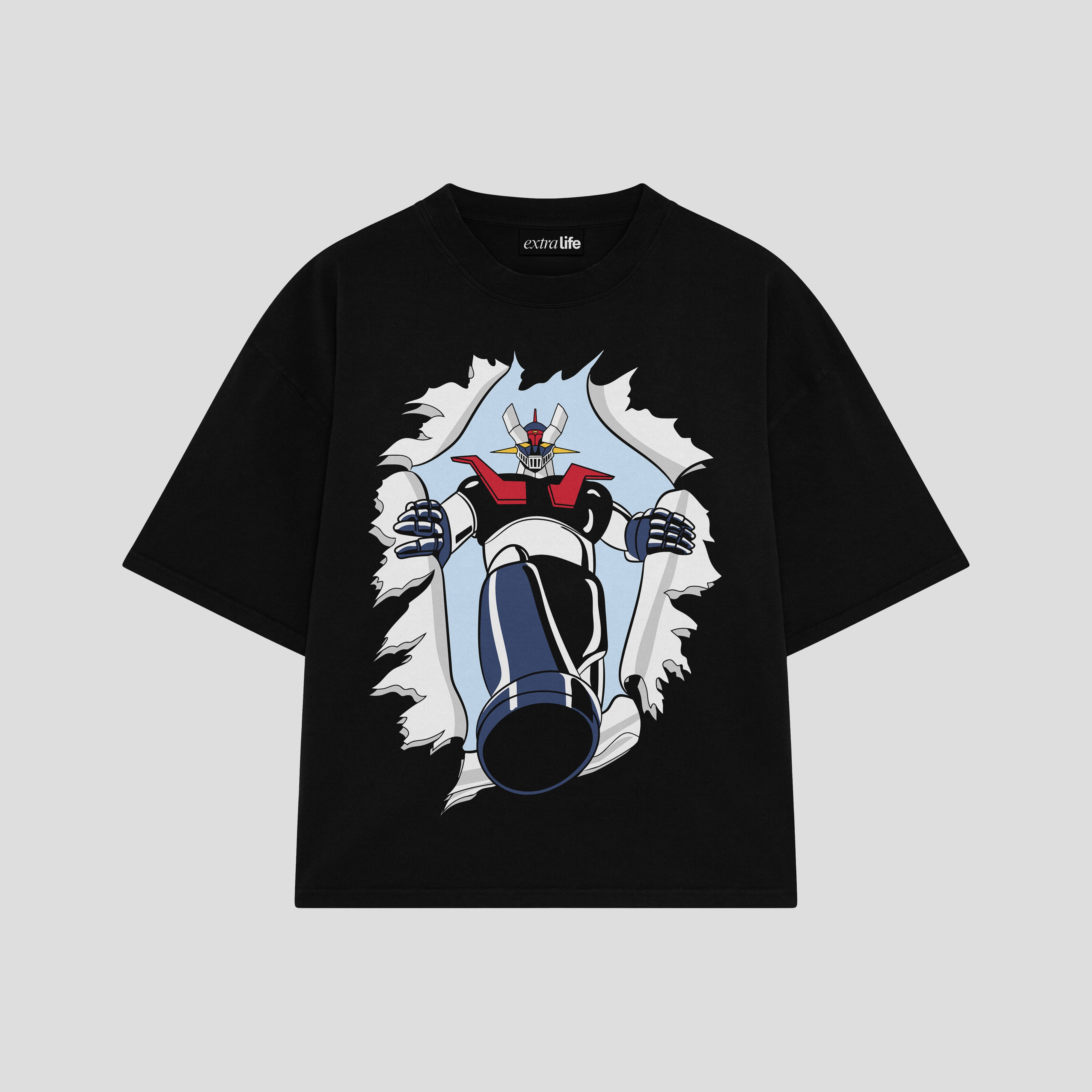 Playera streetwear premium de anime y gaming ExtraLife MX, corte boxy oversized drop shoulder heavyweight en color Deep Black y Off-White, moda urbana mexicana de culto.