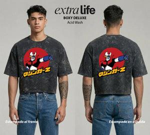 Playera streetwear premium de anime y gaming ExtraLife MX, corte boxy deluxe mineral wash heavyweight en color Acid Wash, moda urbana mexicana de culto.