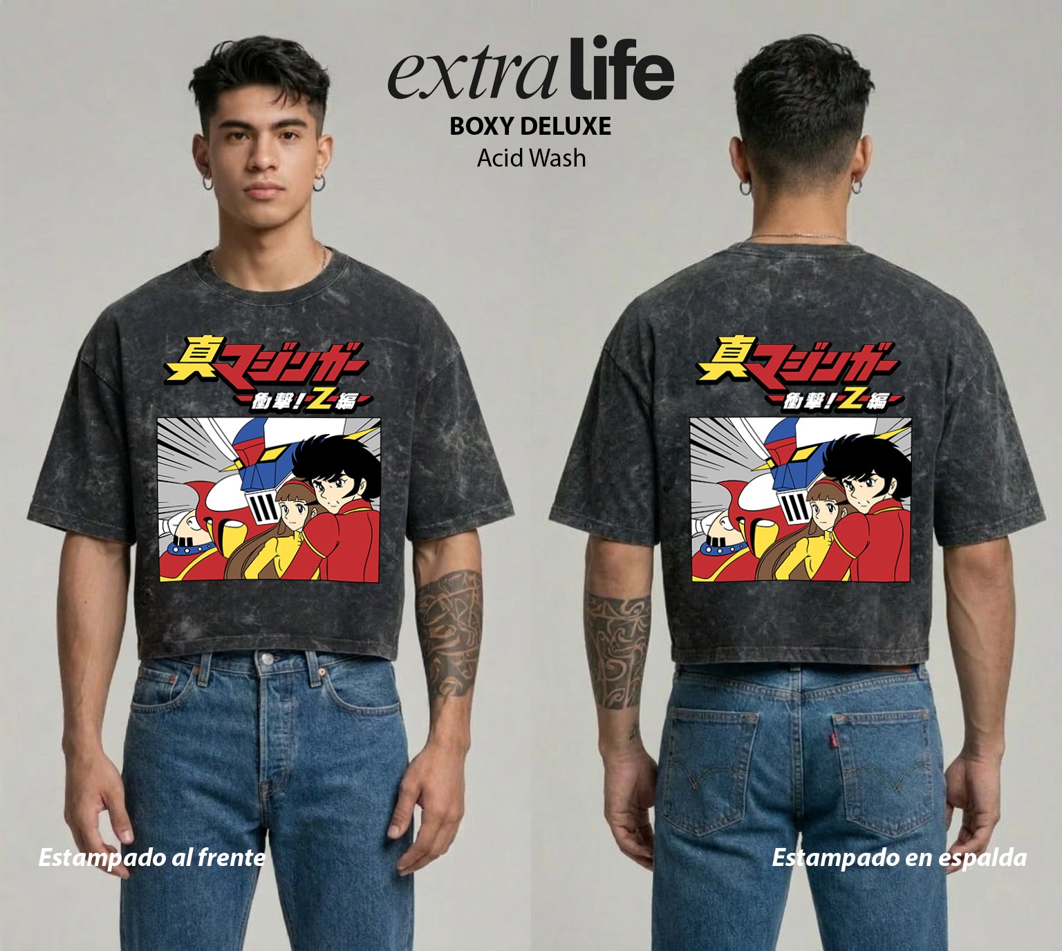 Playera streetwear premium de anime y gaming ExtraLife MX, corte boxy deluxe mineral wash heavyweight en color Acid Wash, moda urbana mexicana de culto.