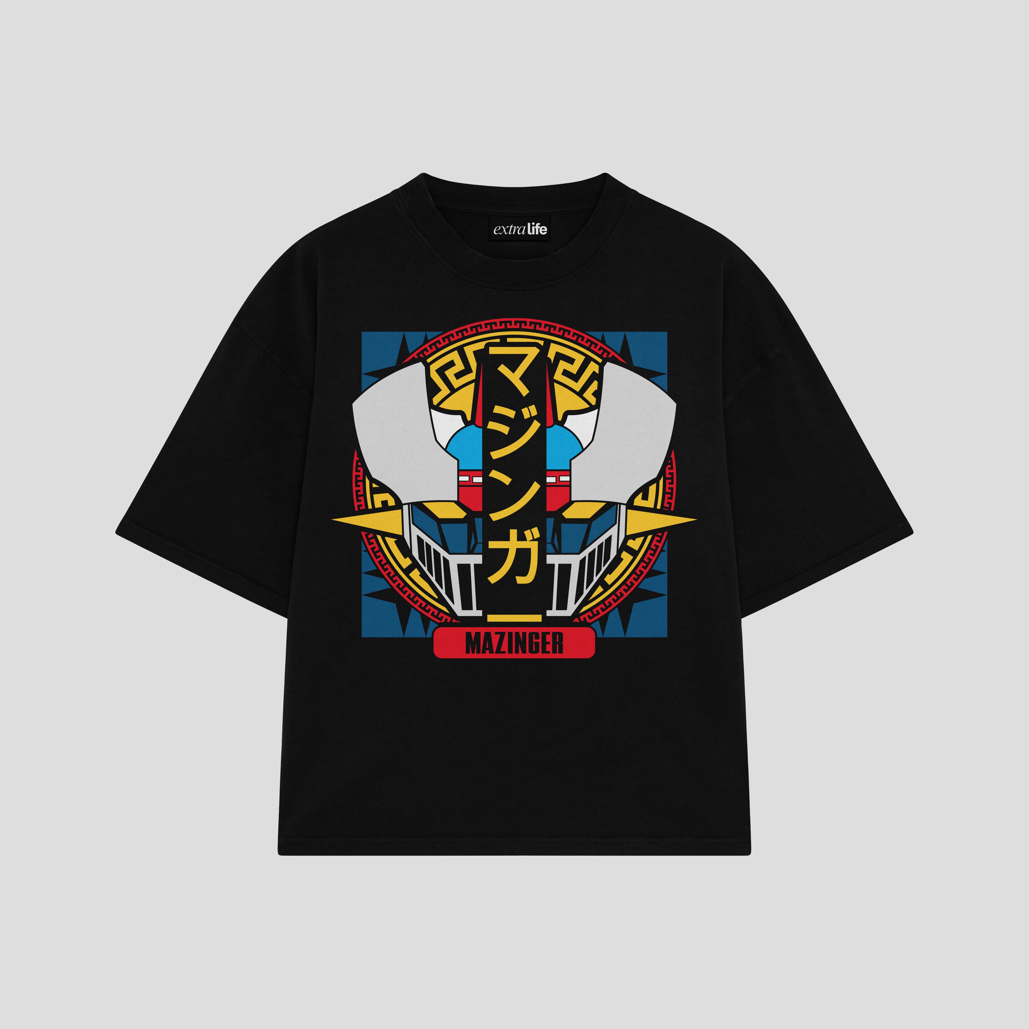 Playera streetwear premium de anime y gaming ExtraLife MX, corte boxy oversized drop shoulder heavyweight en color Deep Black y Off-White, moda urbana mexicana de culto.