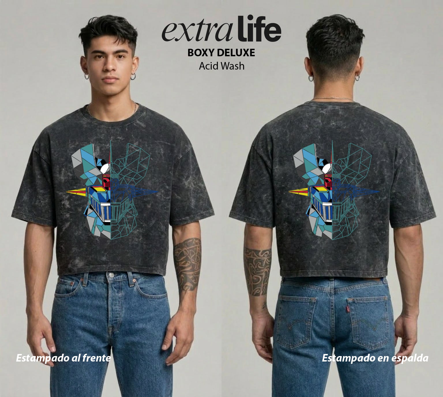 Playera streetwear premium de anime y gaming ExtraLife MX, corte boxy deluxe mineral wash heavyweight en color Acid Wash, moda urbana mexicana de culto.