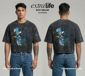 Playera streetwear premium de anime y gaming ExtraLife MX, corte boxy deluxe mineral wash heavyweight en color Acid Wash, moda urbana mexicana de culto.