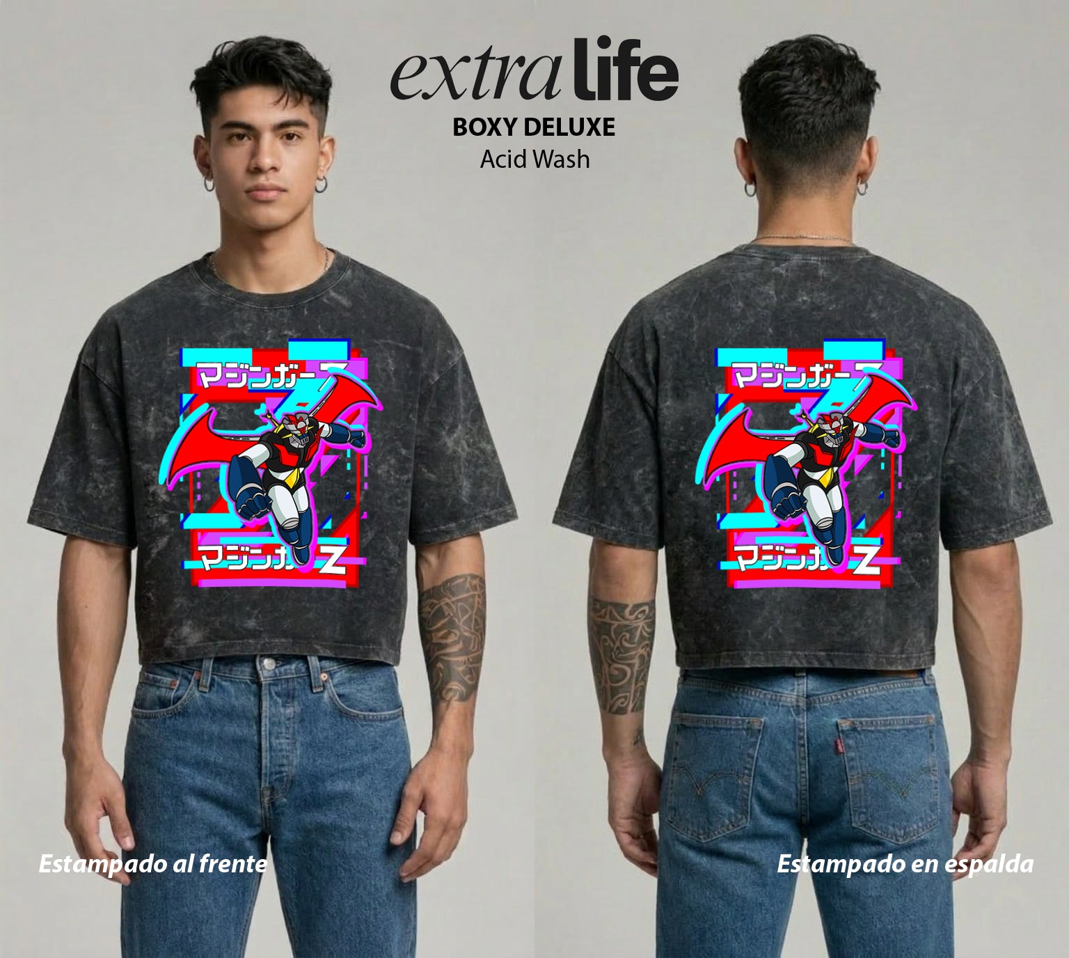 Playera streetwear premium de anime y gaming ExtraLife MX, corte boxy deluxe mineral wash heavyweight en color Acid Wash, moda urbana mexicana de culto.