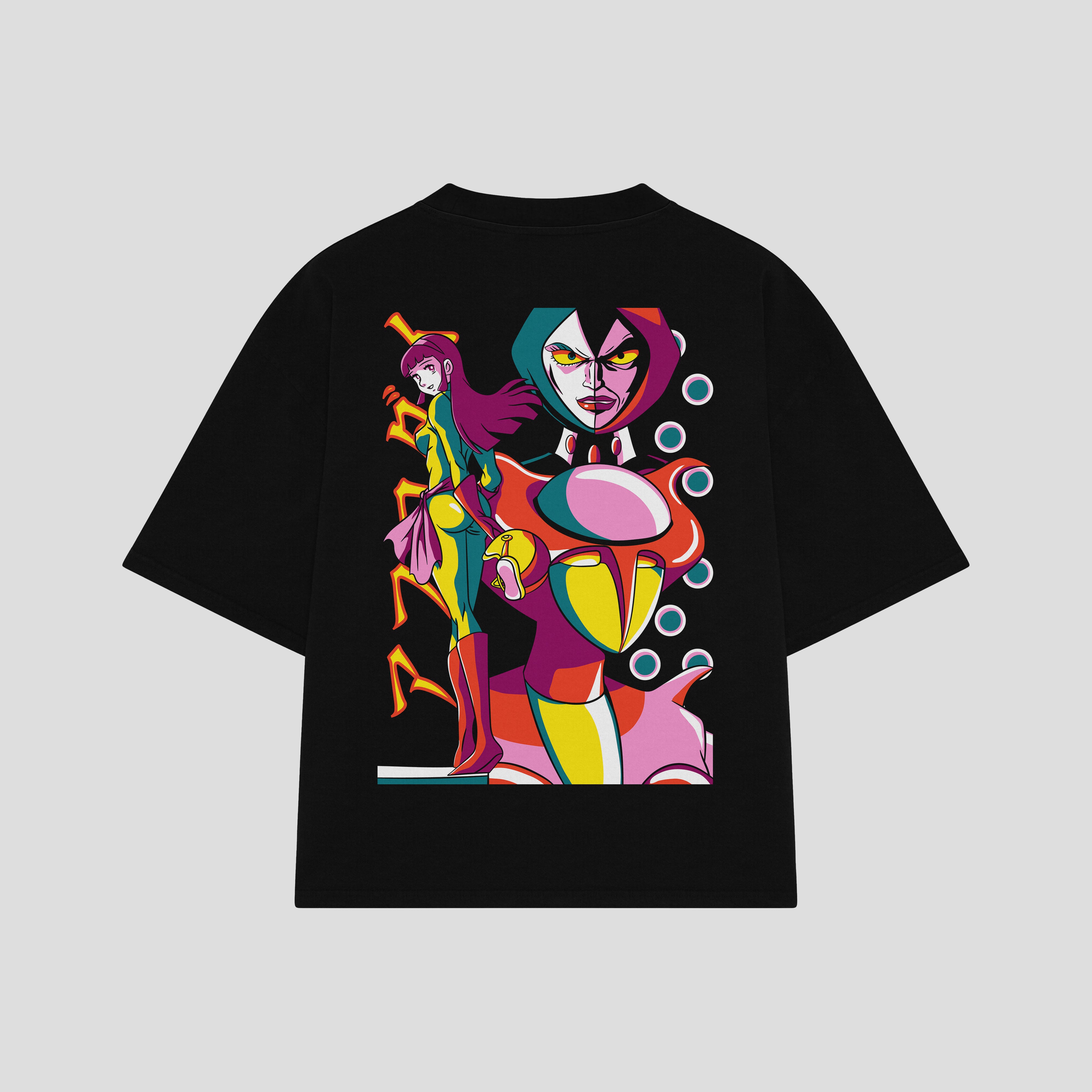Playera streetwear premium de anime y gaming ExtraLife MX, corte boxy oversized drop shoulder heavyweight en color Deep Black y Off-White, moda urbana mexicana de culto.
