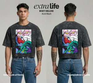 Playera streetwear premium de anime y gaming ExtraLife MX, corte boxy deluxe mineral wash heavyweight en color Acid Wash, moda urbana mexicana de culto.