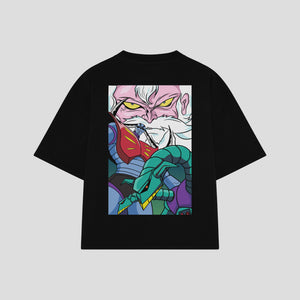 Playera streetwear premium de anime y gaming ExtraLife MX, corte boxy oversized drop shoulder heavyweight en color Deep Black y Off-White, moda urbana mexicana de culto.