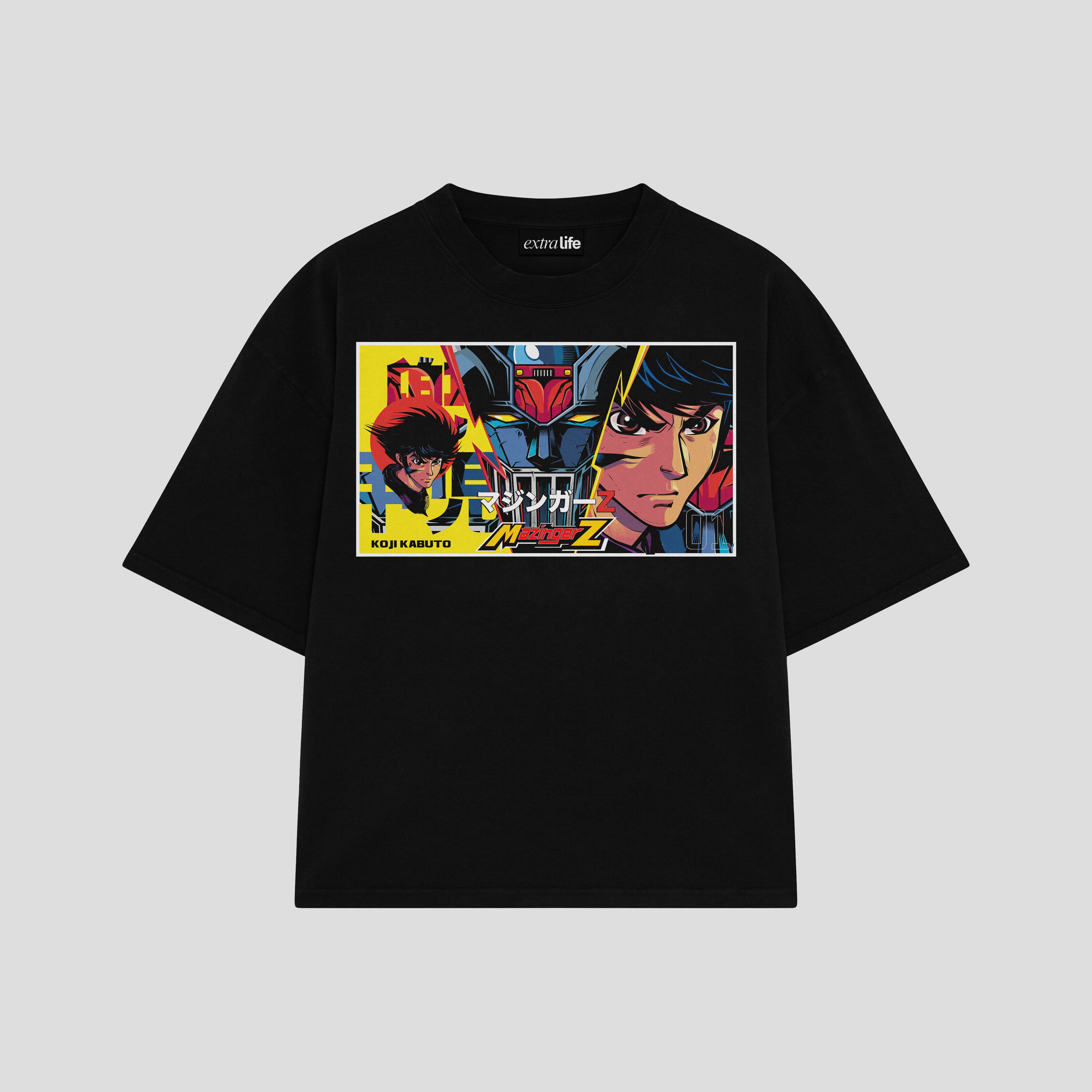 Playera streetwear premium de anime y gaming ExtraLife MX, corte boxy oversized drop shoulder heavyweight en color Deep Black y Off-White, moda urbana mexicana de culto.