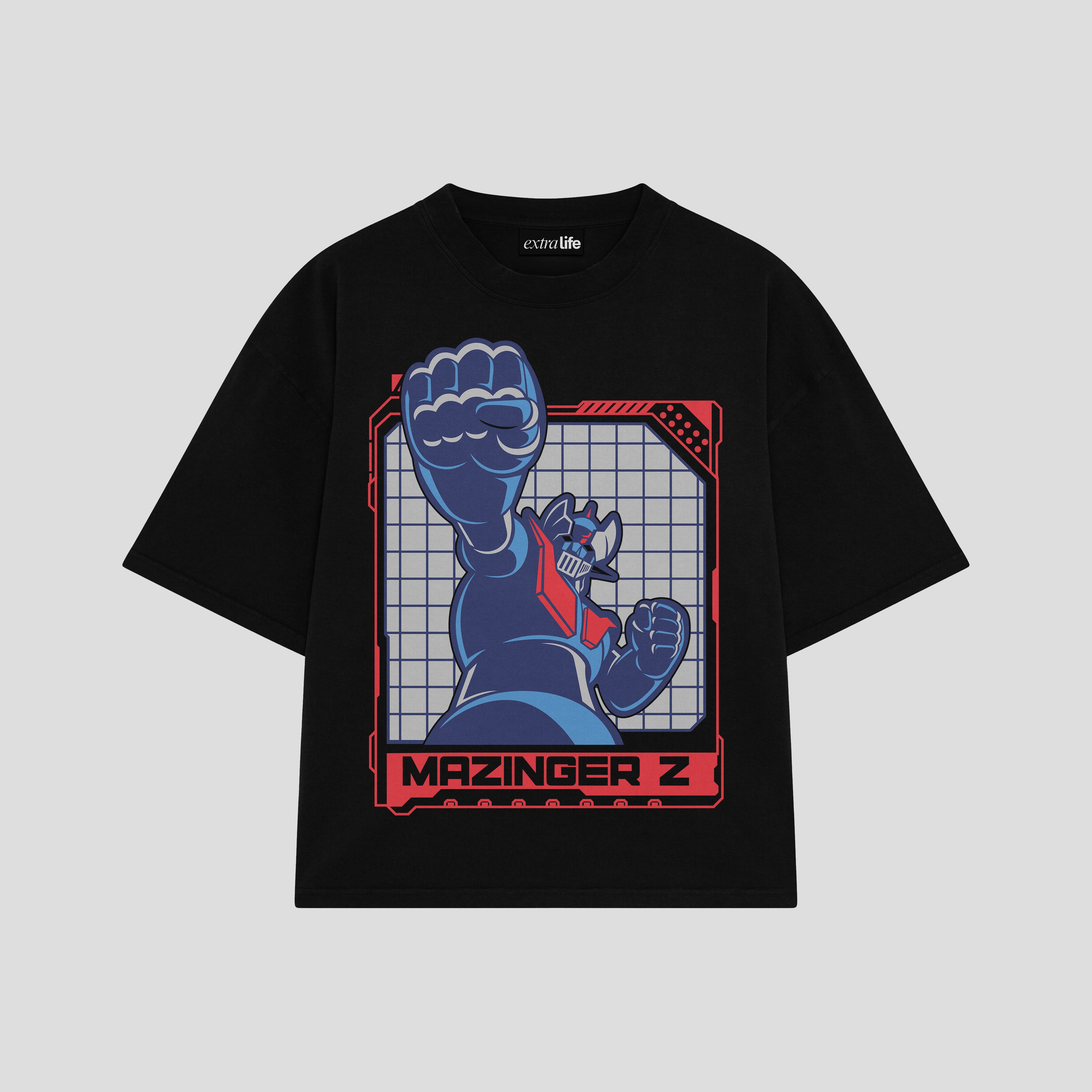 Playera streetwear premium de anime y gaming ExtraLife MX, corte boxy oversized drop shoulder heavyweight en color Deep Black y Off-White, moda urbana mexicana de culto.