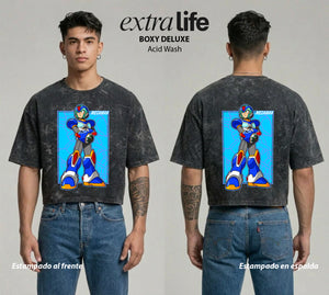 Playera streetwear premium de anime y gaming ExtraLife MX, corte boxy deluxe mineral wash heavyweight en color Acid Wash, moda urbana mexicana de culto.