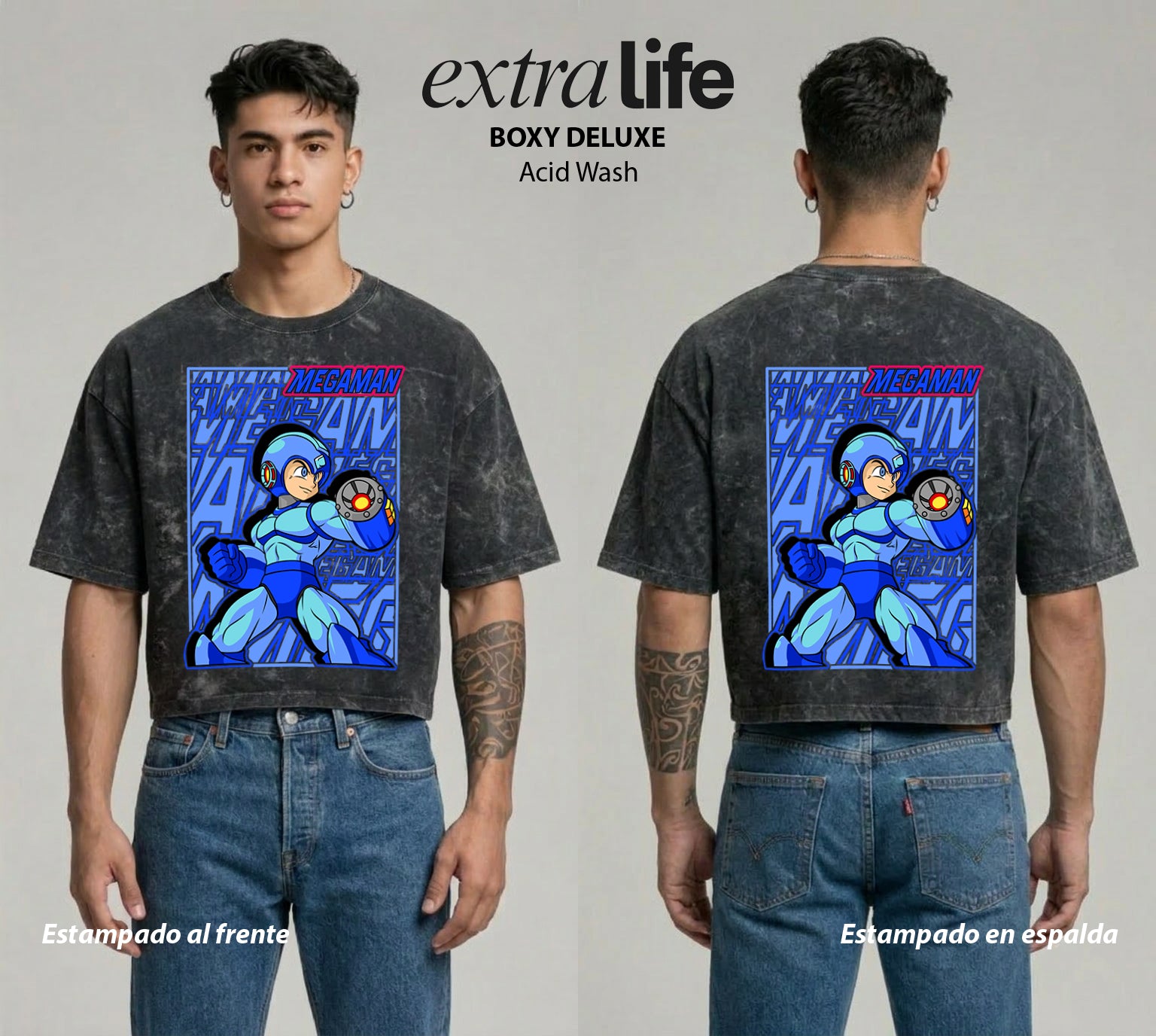 Playera streetwear premium de anime y gaming ExtraLife MX, corte boxy deluxe mineral wash heavyweight en color Acid Wash, moda urbana mexicana de culto.